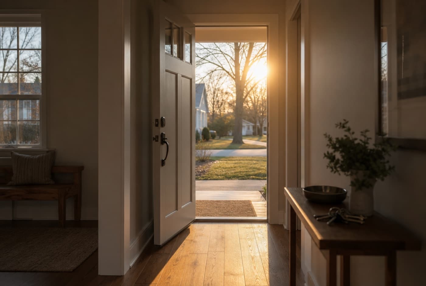 Open front door of a home with soft evening light