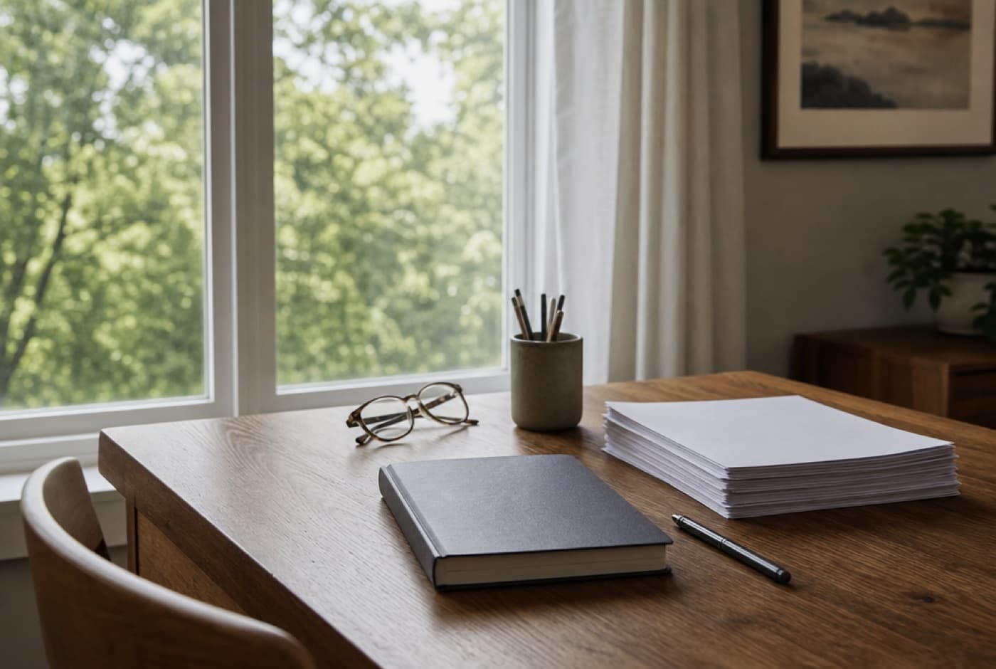 Notebook and property documents on a wooden table