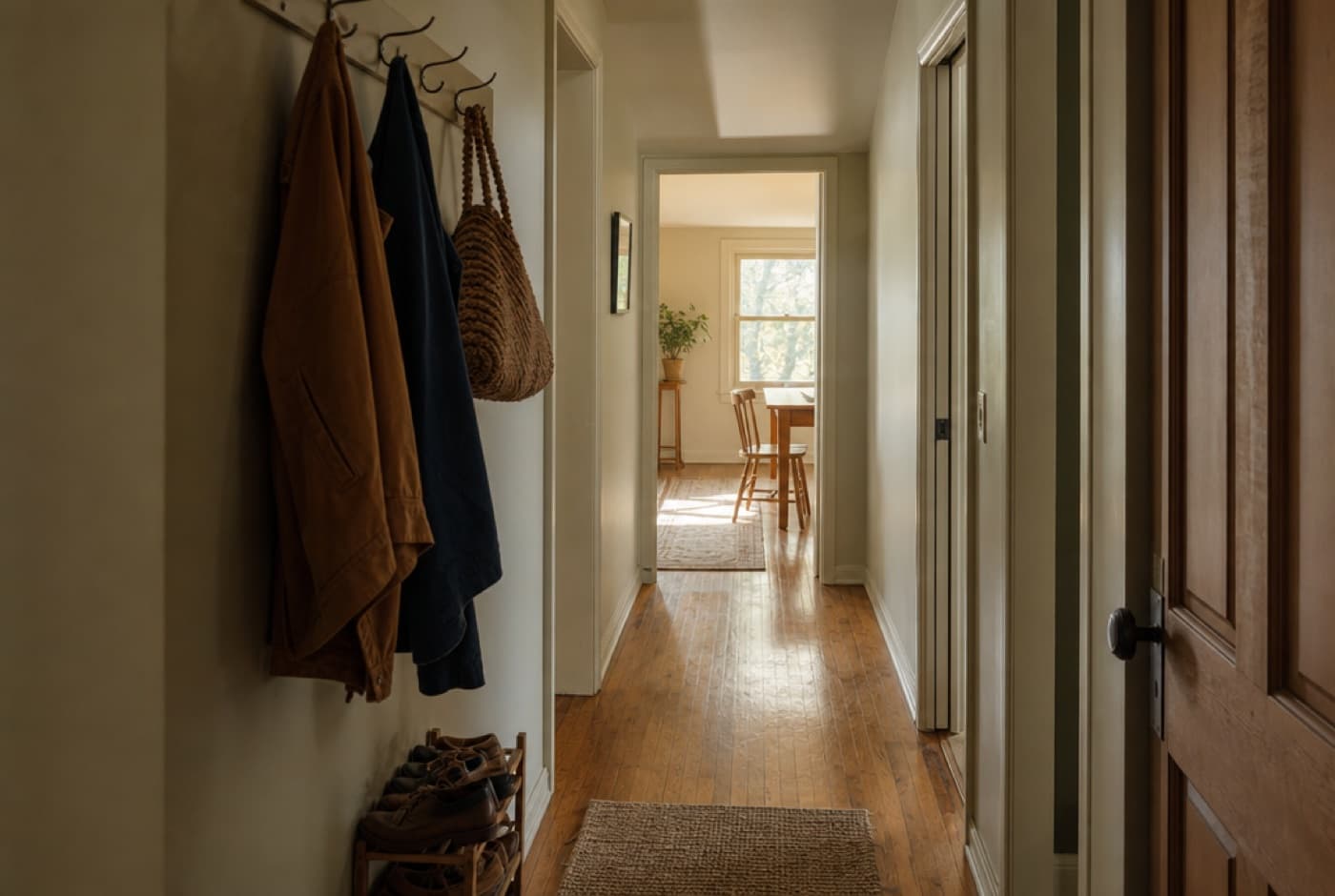 Hallway and doorway of a Michigan home with morning light