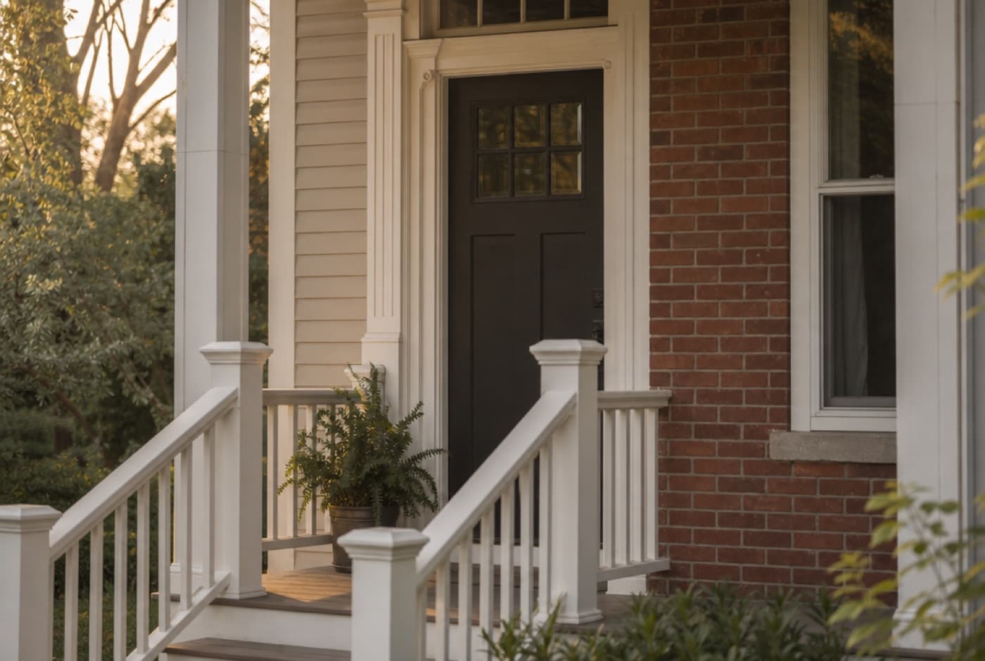 Architectural detail of a home entry and porch railing